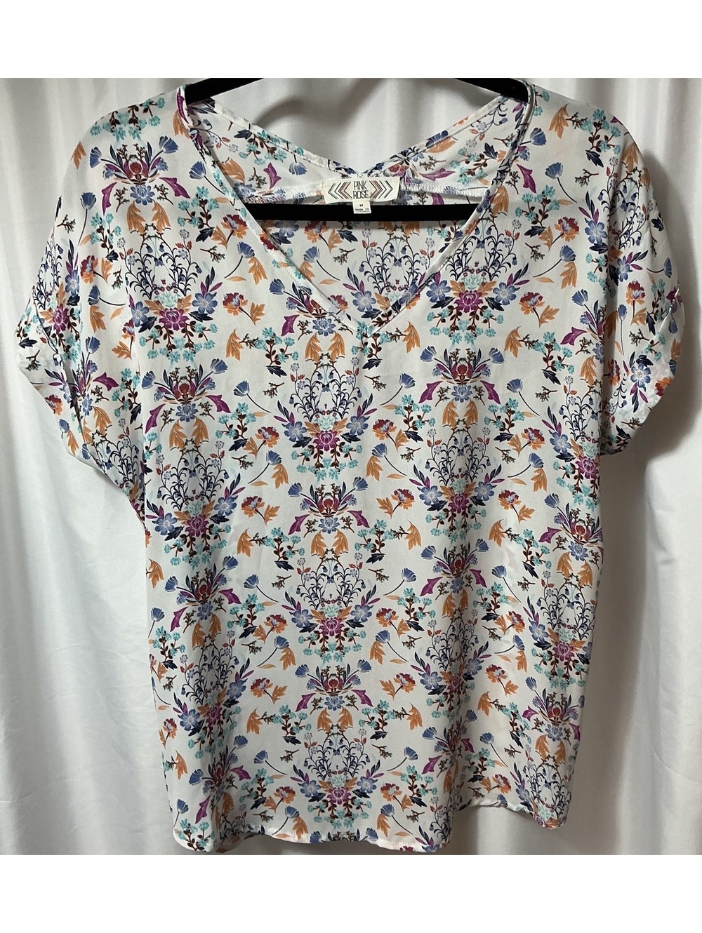 Pink Rose Floral Blouse Women M short Sleeve Boho cottagecore office Top